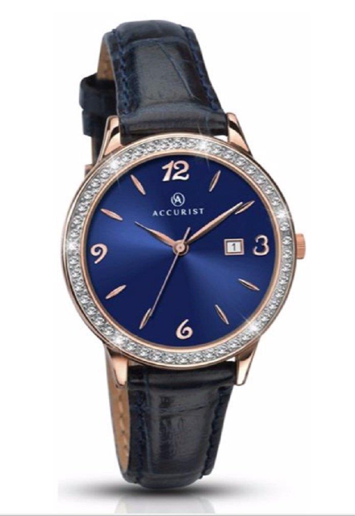 Accurist Ladies Navy Strap Rose Gold Plated Stone Set Watch 8063