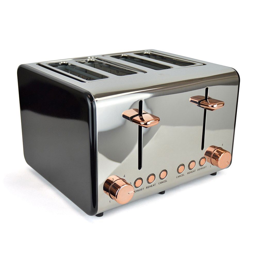 KitchenPerfected 4 Slice Wide Slot Toaster - Black & Rose Gold Steel (Carton of 2)