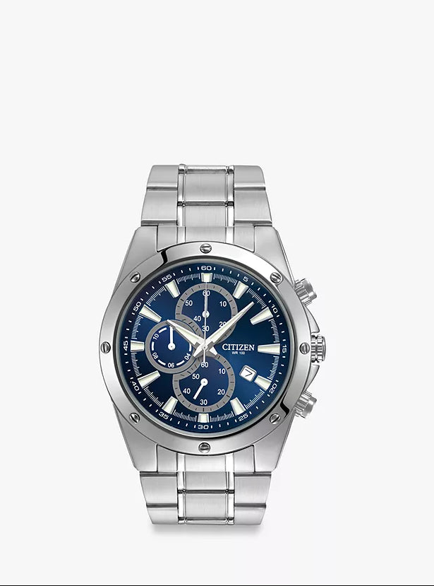 Citizen An3530-52l Mens Chronograph Date Bracelet Strap Watch, Silver/blue