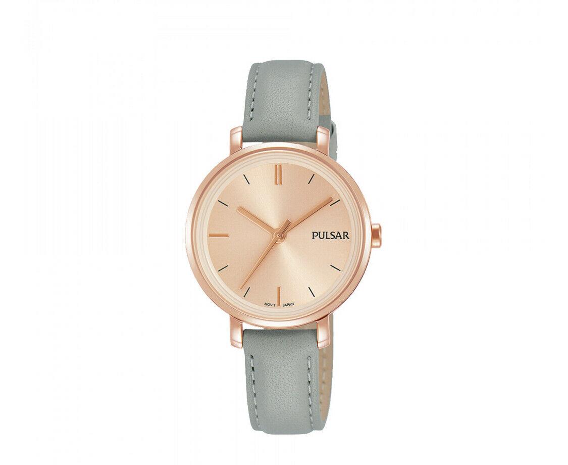 Pulsar Womans Grey Blue Leather Strap Blush Pink Dial Watch - PH8366X1