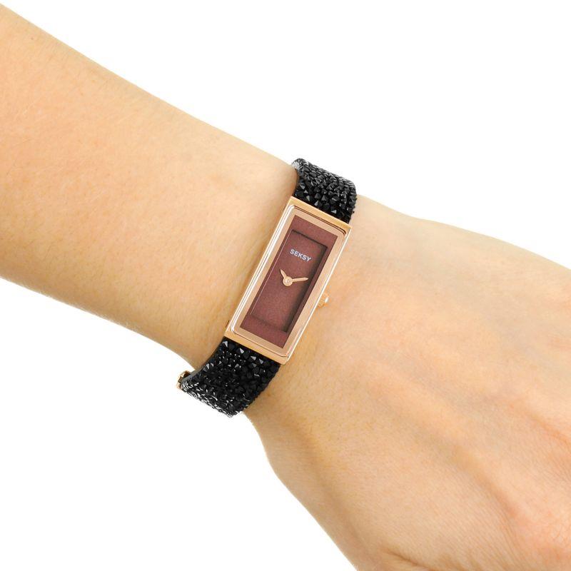 Seksy Rocks Ladies Bling Watch Rose Gold Case & Leather Bracelet With Red Dial 2576