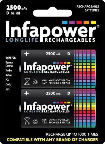 Infapower Rechargeable Batteries D 2500mAh (2) Ni-Mh (Compatible with any Charger) B006 (Pack of 10)