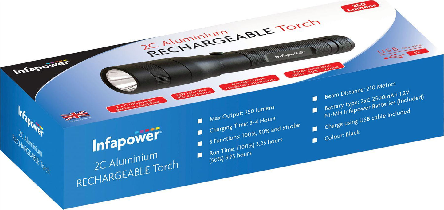 Infapower 2 x C Aluminium Rechargeable torch 250 Lumens USB Charging