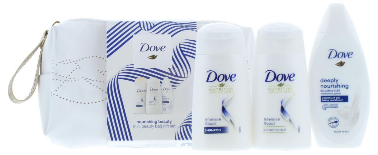 DOVE NOURISHING BEAUTY MINI SET 4PC (55ML B/WASH, 50ML S/POO, 50ML COND, MAKE UP BAG)