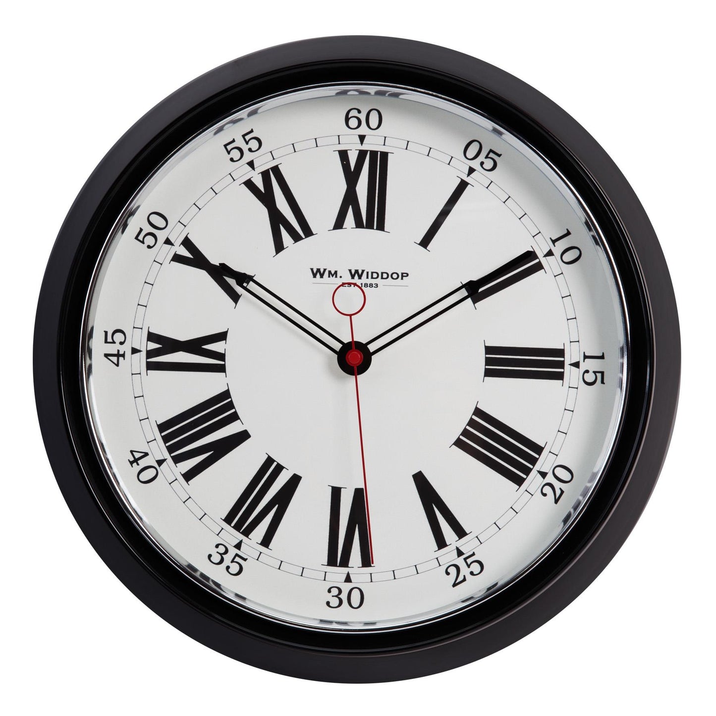 Widdop Round Metal Case Wall Clock Black & Chrome Roman Dial 30cm W7583