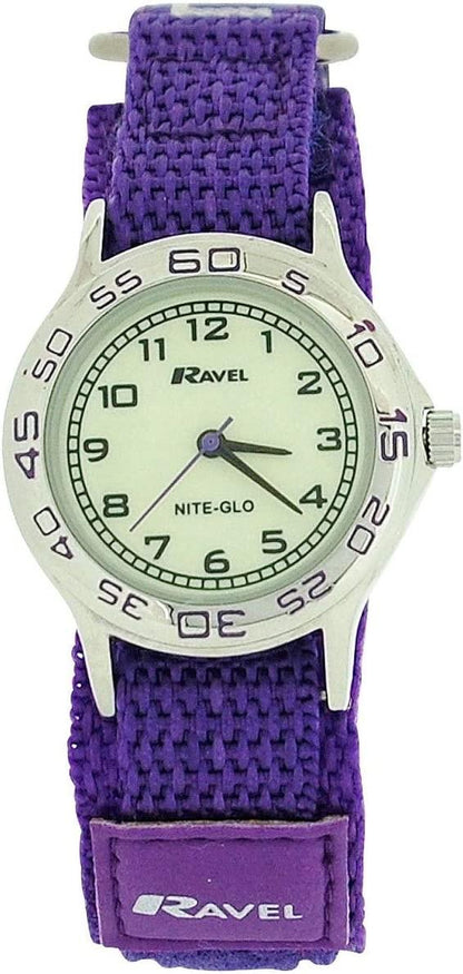 Ravel Childrens Boys/Girls Nite-Glow Luminous Dial Velcro Nylon Strap Watch R1708 Available Multiple colour