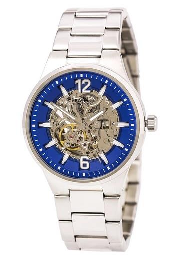 Caravelle Mens Automatic Blue & Silver Skeleton Dial Stainless Steel Bracelet Watch 43a135