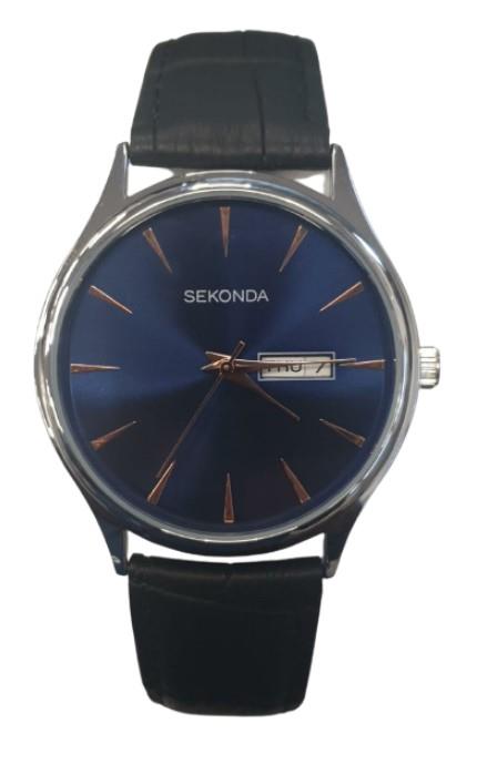 Sekonda Mens Day/date Blue Dial With Black Leather Strap Watch