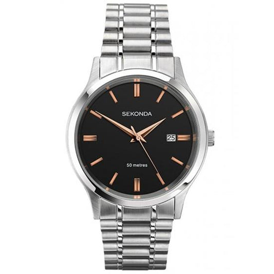 Sekonda Mens Fashion Dated Black Dial Silver Bracelet Watch 1192