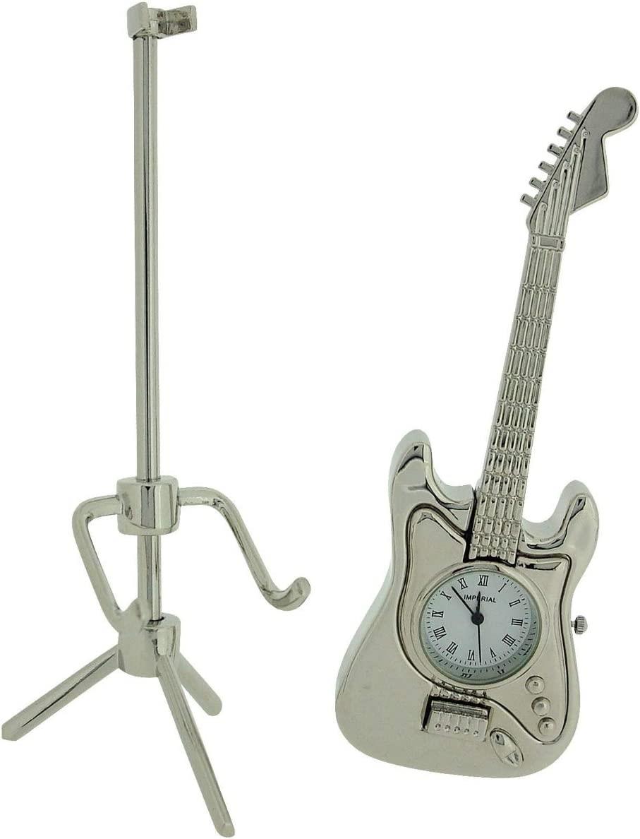 Miniature Clock Silver Electric Standing Guitar with stand Solid Brass IMP85S - CLEARANCE NEEDS RE-BATTERY