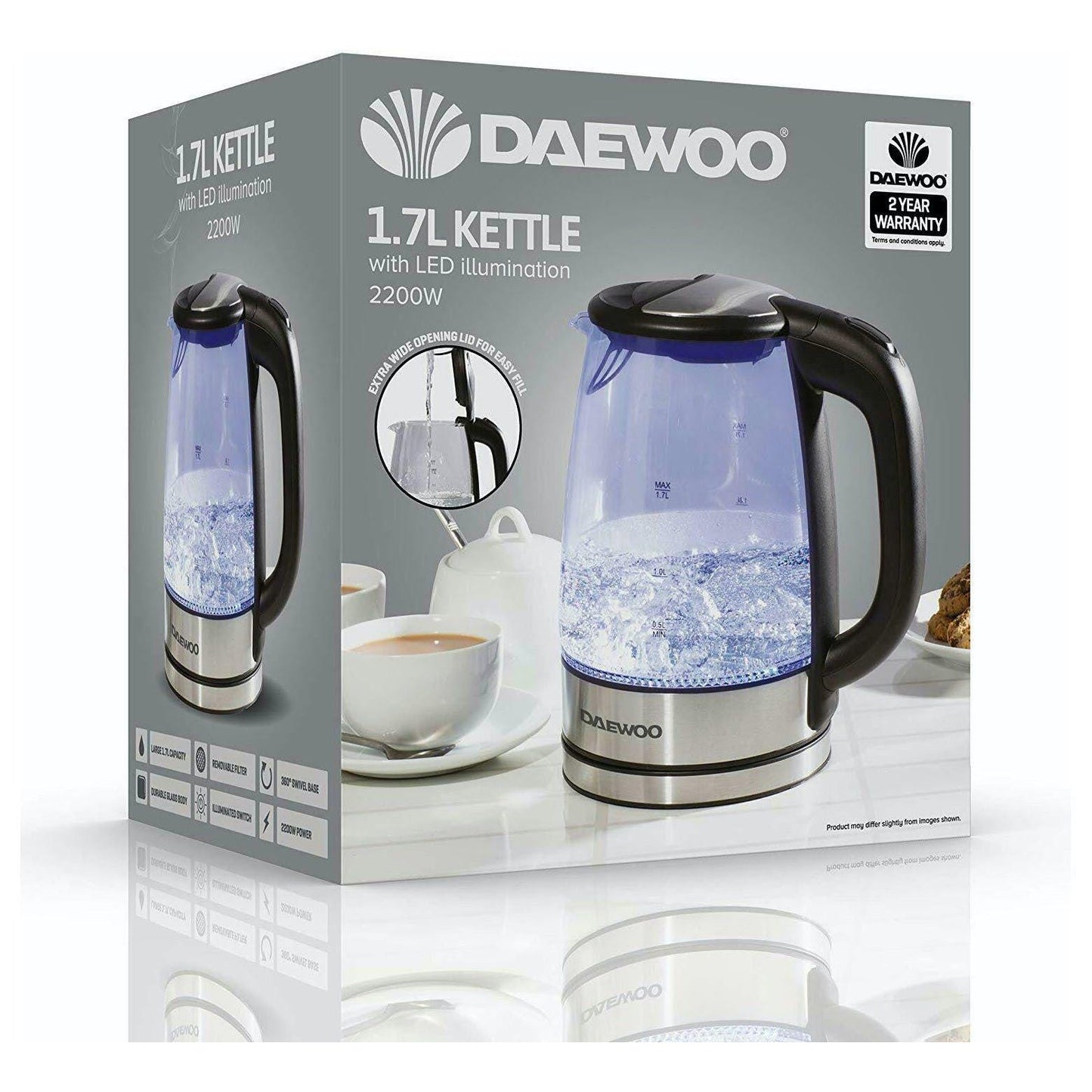 Daewoo 1.7L 2200w Glass Kettle with LED- SDA1669