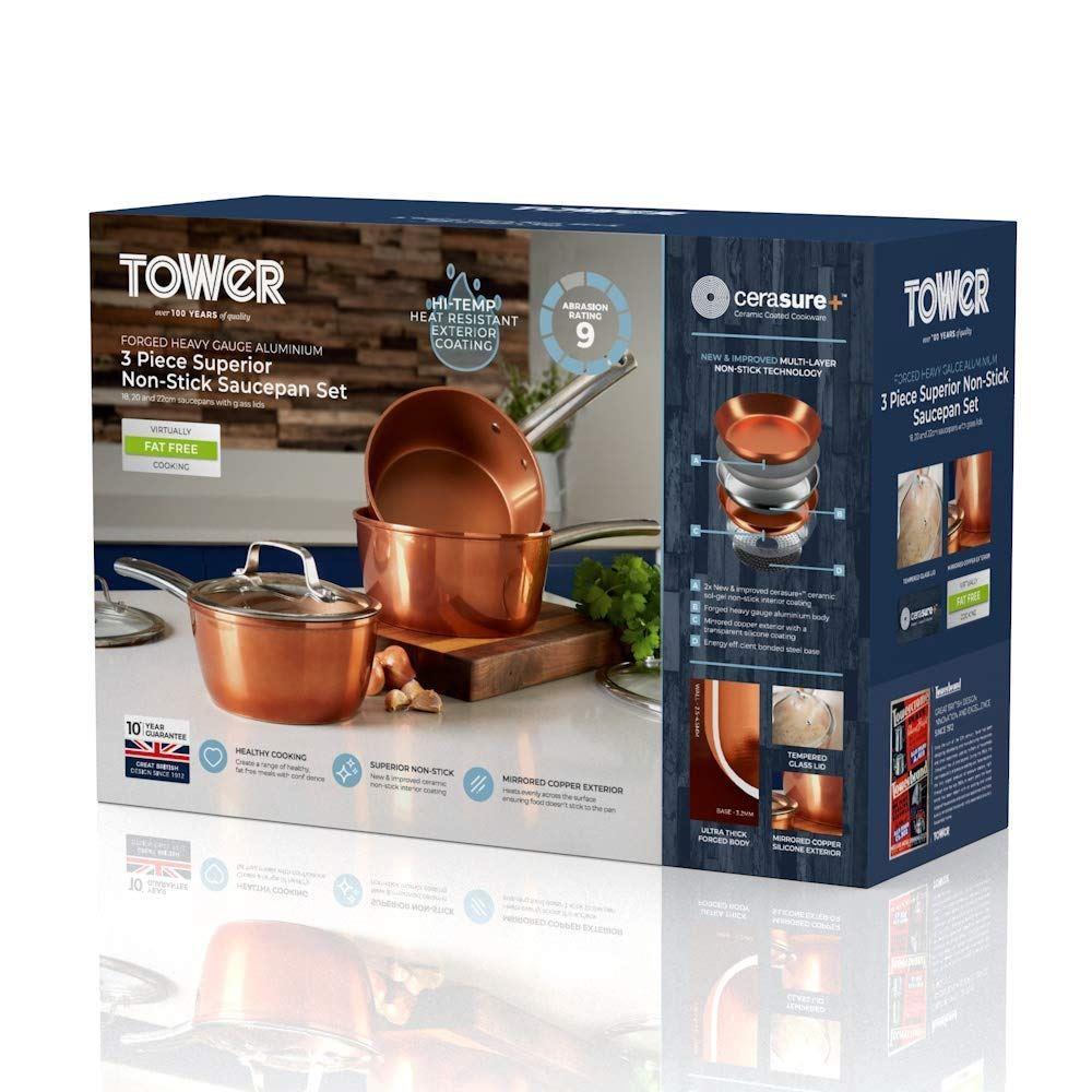 Tower Copper Forged 3 piece Saucepans set 18,20,22cm