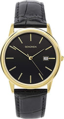 Sekonda Mens Black Dial With Gold Battons, Dated, Black Leather Strap Watch 1719