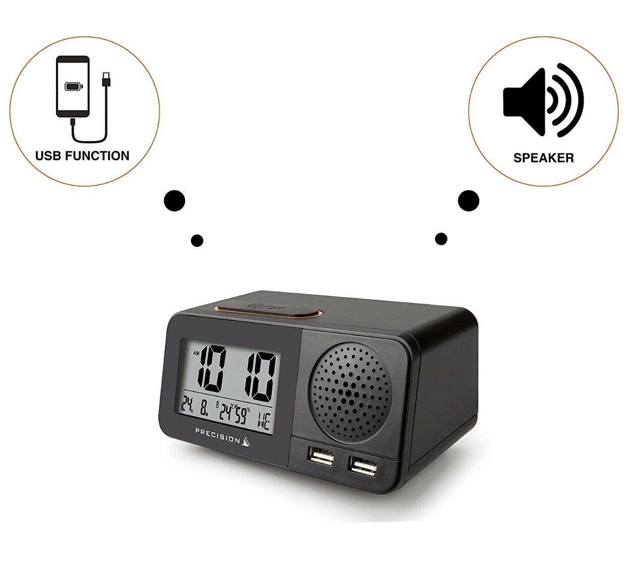 AP055 Precision Radio Controlled Digital USB Dual Alarm Black Clock