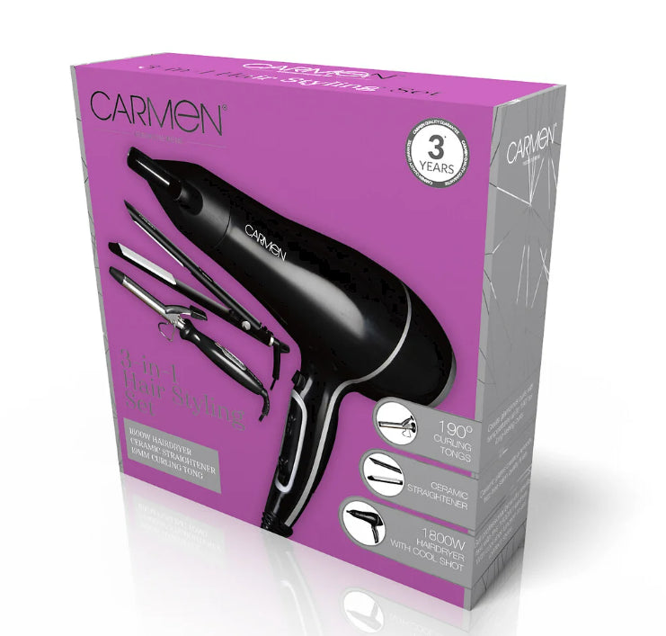 Carmen 3-in-1 Hair Styling Set with Hair Dryer, Ceramic Straightener, Curling Tong- Black