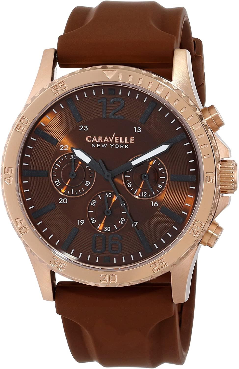 Caravelle Mens Chronograph Brown Dial Brown Silicon Rubber Strap Watch