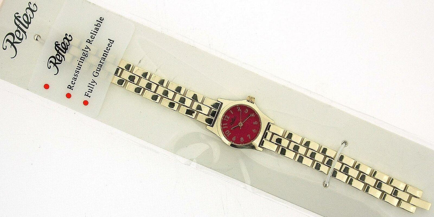 Reflex Ladies Metal Analogue Red Dial & Yellow Tone Metal Bracelet Strap Watch Lb110 - Needs Battery.