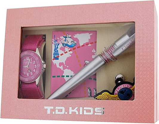Time Design Girls Pink Pilot Design Watch, Badge, Pen & Note Book Gift Set TDX0713K21 - CLEARANCE NEEDS RE-BATTERY