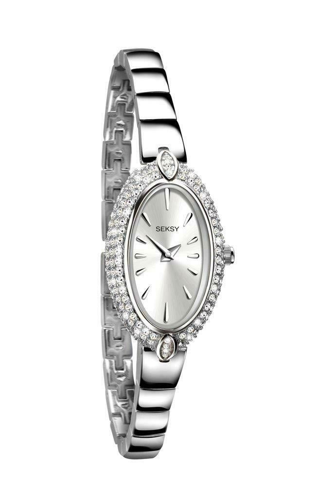 Seksy Ladies Fashion Oval Sunray Dial Silver Coloured Rhodium Bracelet Watch 2309