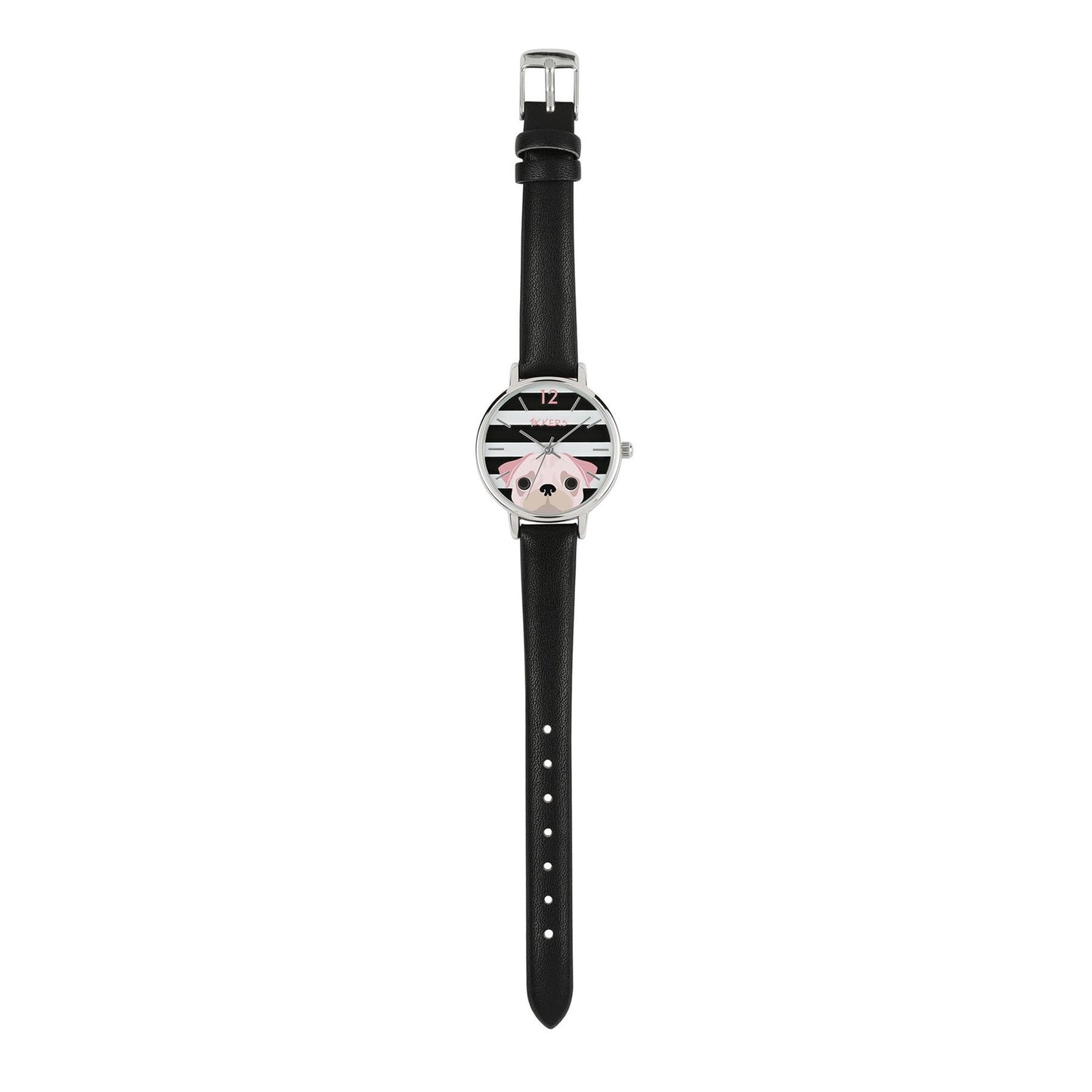 Tikkers Girls Analogue Black Striped case Leather Strap Sparkle Watch TK0174