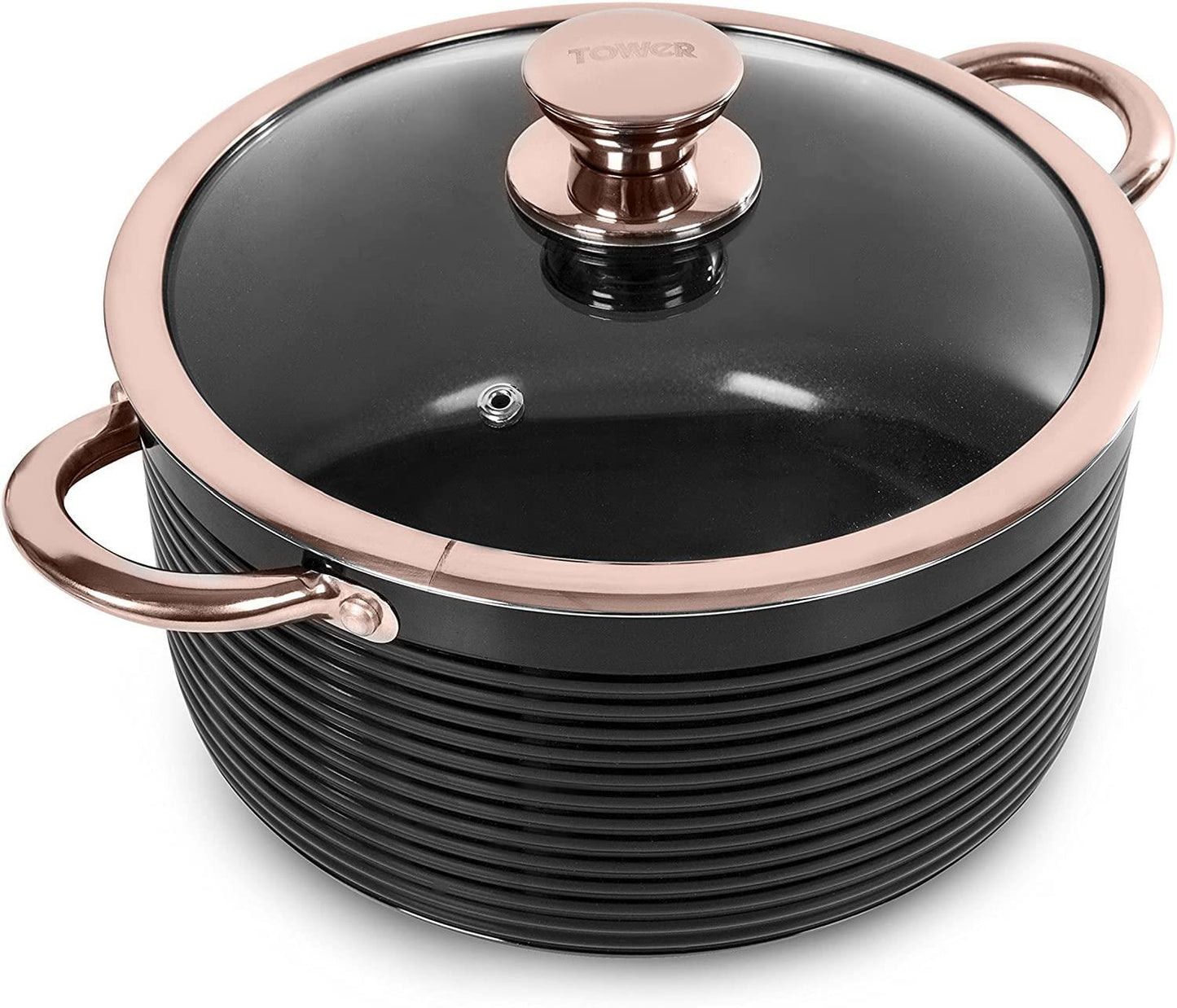 Tower Rose Gold Casserole Dish with Lid 24 cm, Non Stick and Easy to Clean, Black