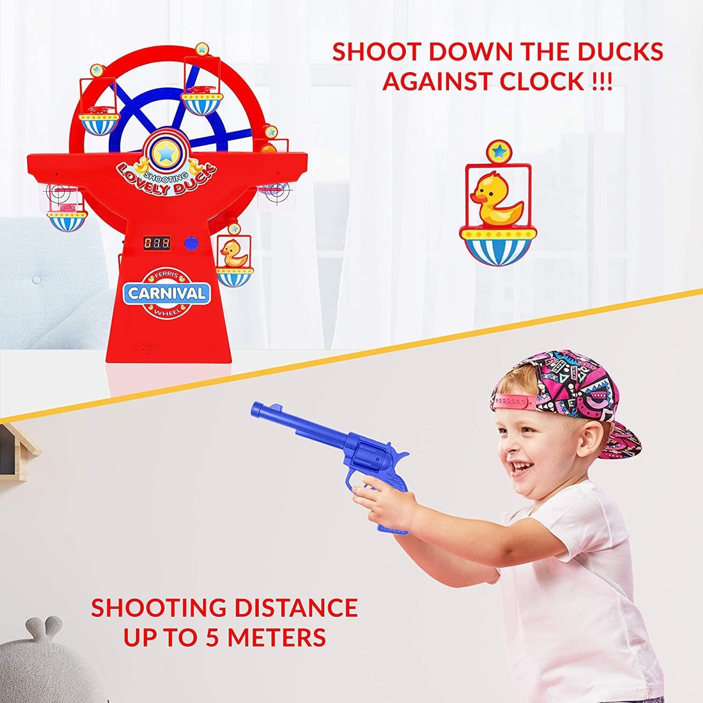 Global Gizmos 55729 Duck Shoot Carnival Game | Infrared Six Shooter | Rotating Ferris Wheel | Digital Display