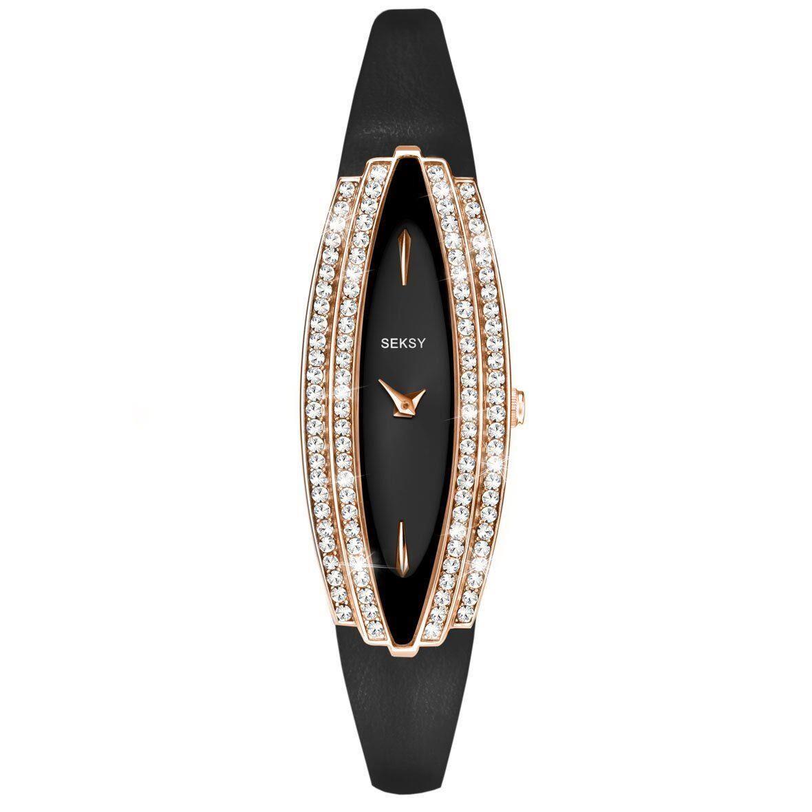 Seksy By Sekonda Ladies Fashion Design Diamond Case Black Leather Strap Watch 2571