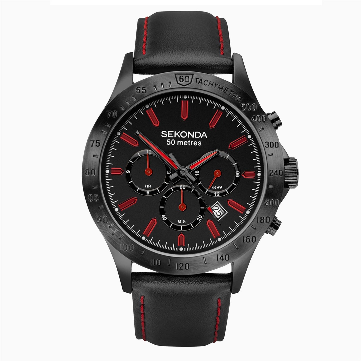 Sekonda Mens Black Leather Red Stitch Strap Watch 1652