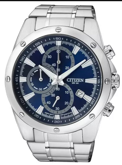 Citizen An3530-52l Mens Chronograph Date Bracelet Strap Watch, Silver/blue