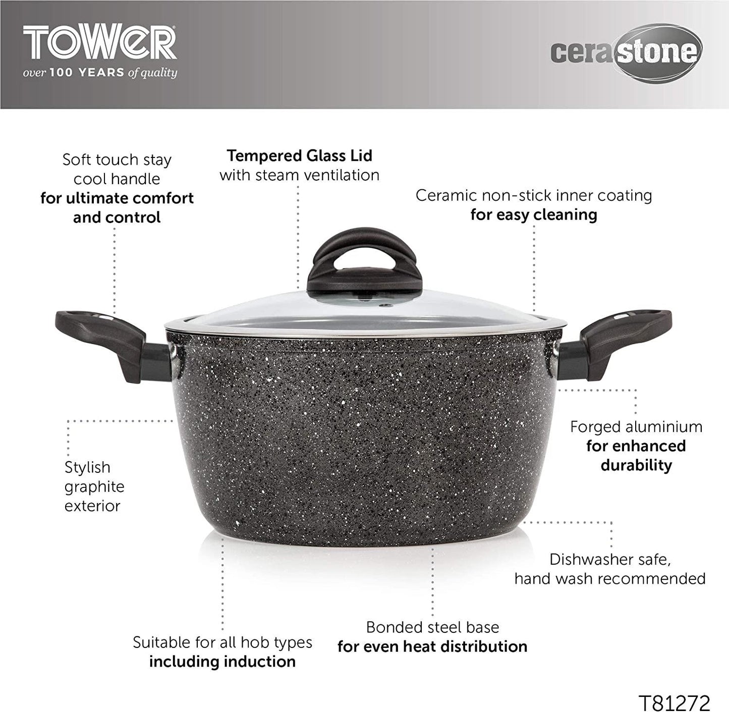 Tower 24cm Cerastone Induction Casserole Dish with Glass Lid- T81272