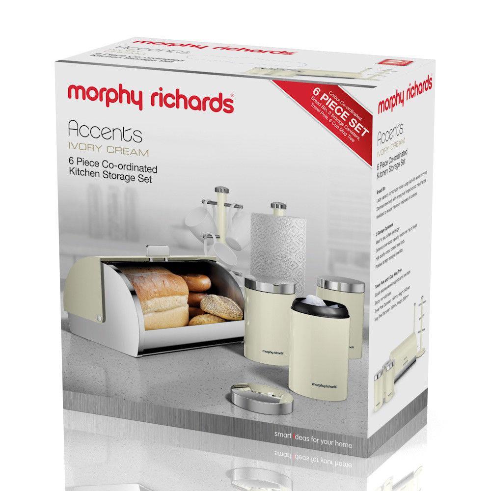 Morphy Richards Accents Storage Set, Ivory Cream, 6 Piece - Breadbin Canister TowelPole Mugtree