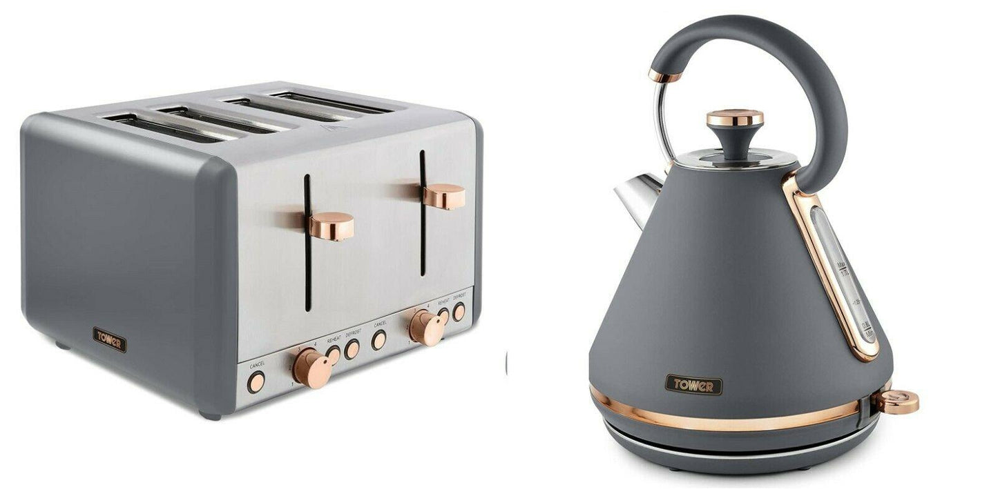 Tower Cavaletto Grey/Rose Gold Kettle & 4 Slice Toaster Set