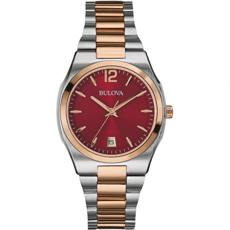 Bulova Classic Dress Ladies Quartz Watch With Burgundy Dial Analogue Display And Rose Gold/silver Ion-plated Bracelet 98m119