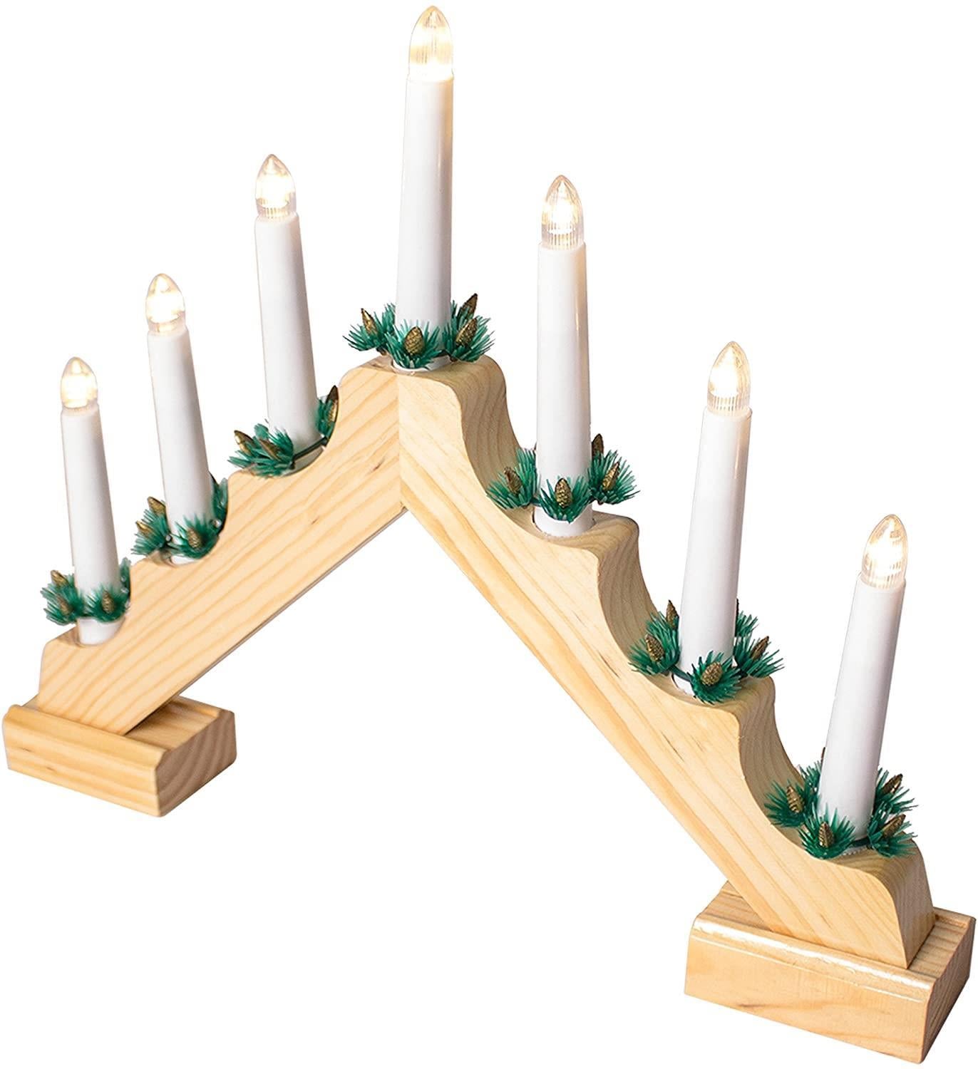 The Christmas Workshop Wooden Christmas Candle Bridge Pine Wood Finish Warm White LED Colour 40cm x 33cm x 5cm Battery Powered