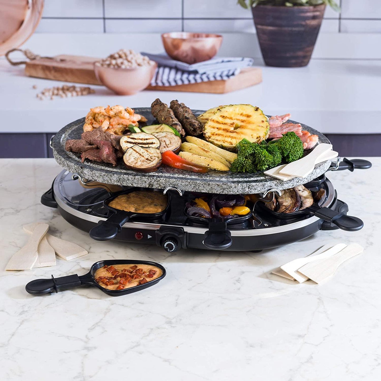 Giles & Posner Electric Stone Raclette Grill Indoor Tabletop Hot Plate Non-Stick Grill Pans 1200 W