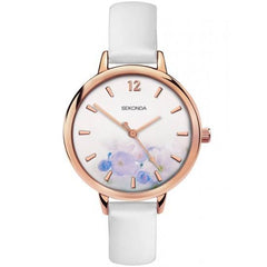 Sekonda Ladies Rose Gold Plated White Floral Dial Leather Strap Watch 2623