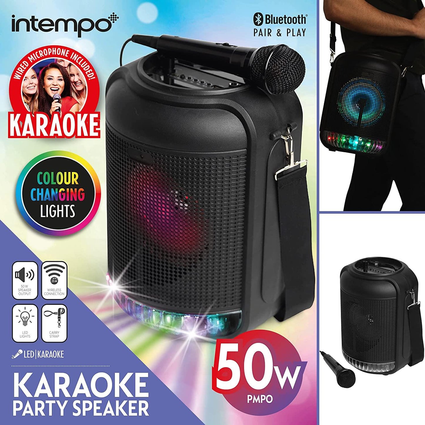 Intempo 50W LED Party Karaoke Bluetooth Speaker with Wired Microphone