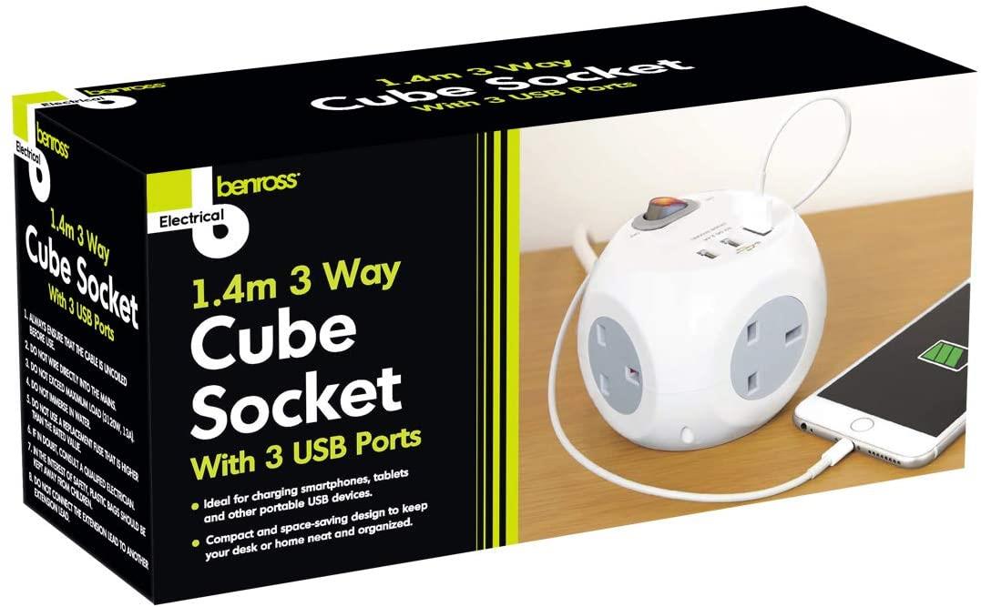 Benross 3 Way Cube Socket Adaptor with 3 USB Ports White- 41079