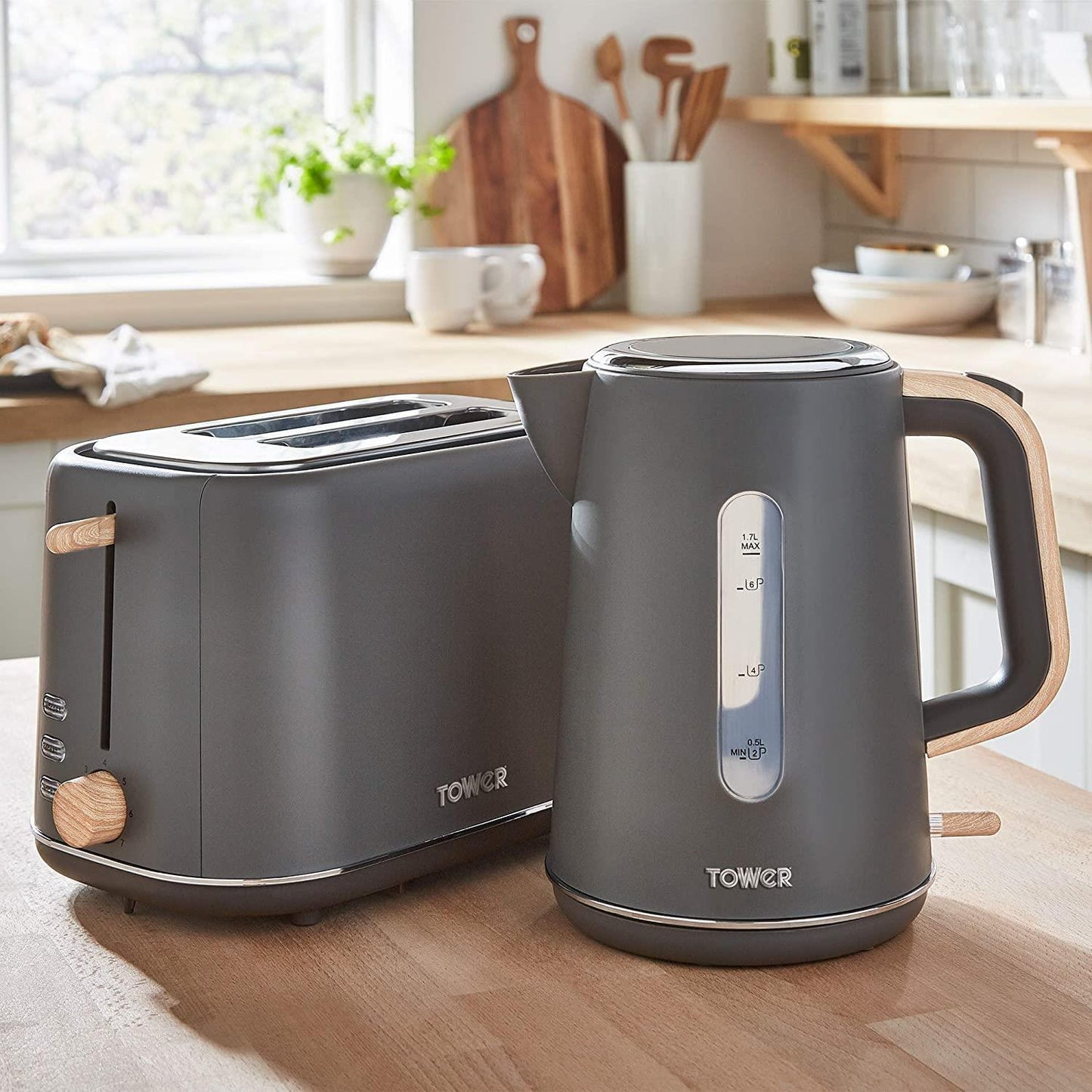 Tower Scandi Cordless Rapid Boil Kettle 1.7L 3000w Grey/Wood Accents- T10037G