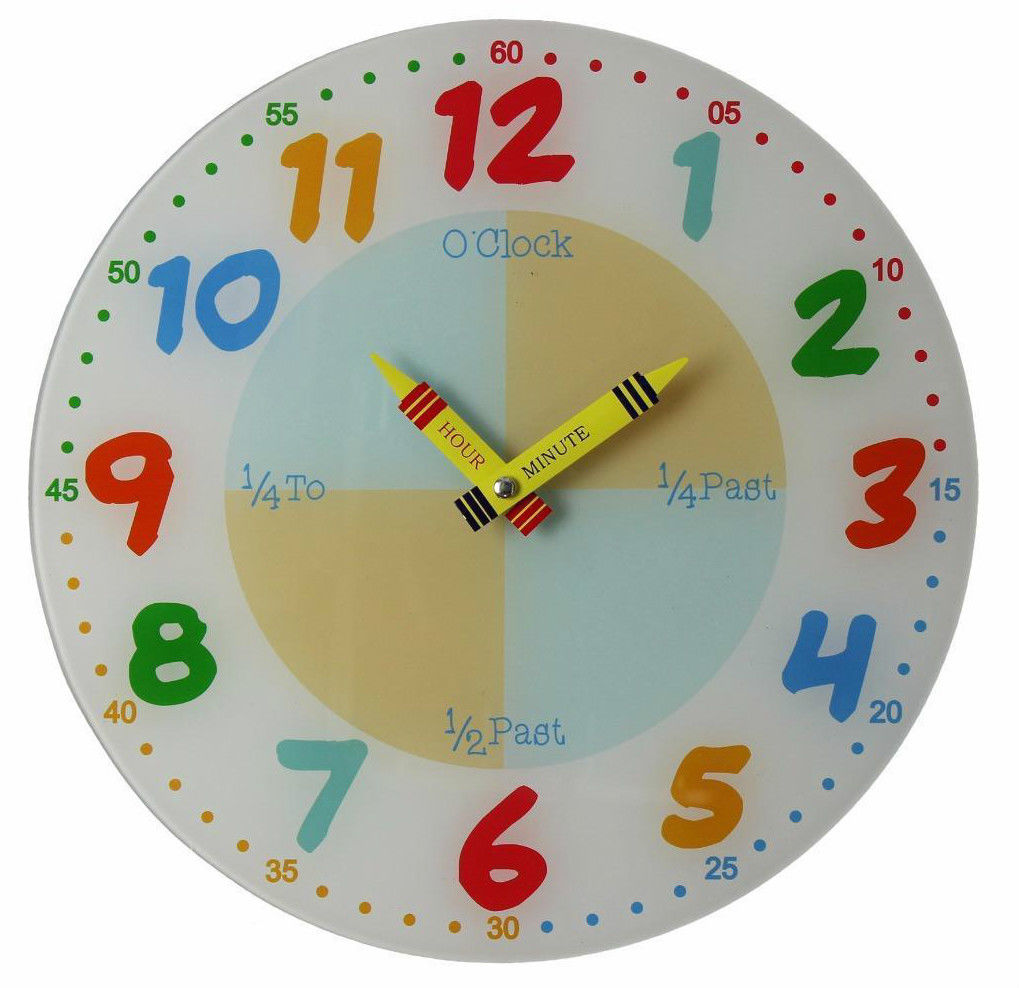 Widdop Teach The Time Children's Learn Wall Clock Colourful Glass 30cm W7534